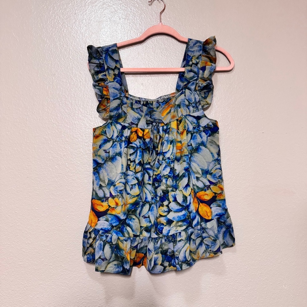 Floral Ruffle Sleeve Top - Blue and Orange